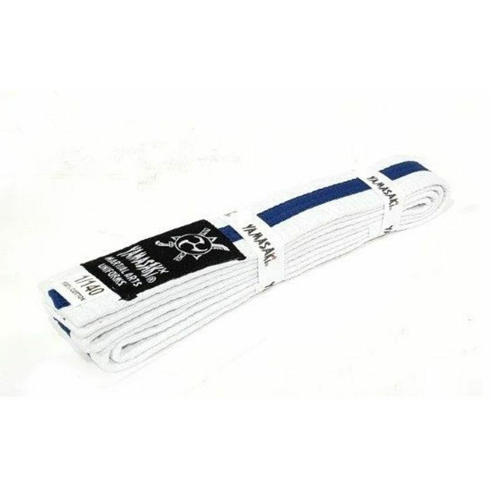 Yamasaki White Martial Arts Belts with Blue Stripe